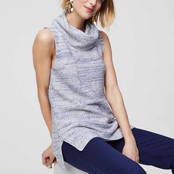 Loft Heathered Blue Sleeveless Cowl Neck Tunic Sweater - XSP - Picture 2 of 2